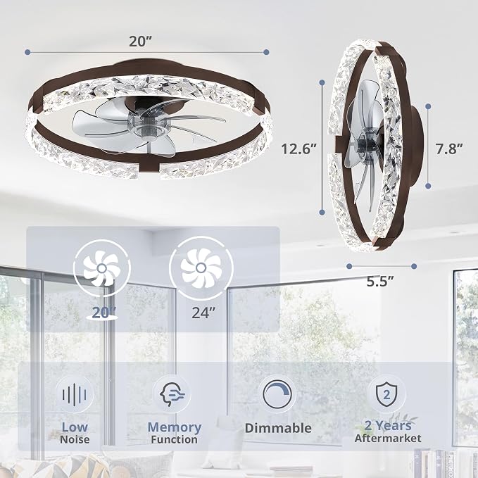 LEDIARY 2 Pack 20" Modern Ceiling Fans with Lights and Remote, Brown | Fandelier, Dimmable Low Profile, Flush Mount, Stepless Color Temperature Change, 6 Speeds, Bedroom, Living Room, Kitchen