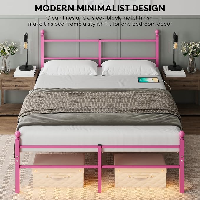 Queen Size Bed Frame with Headboard - Metal Platform Bed with LED Lights, Charging Station, Under Bed Storage and Heavy Duty Steel Slats Support - No Box Spring Needed, Easy Assembly, Pink