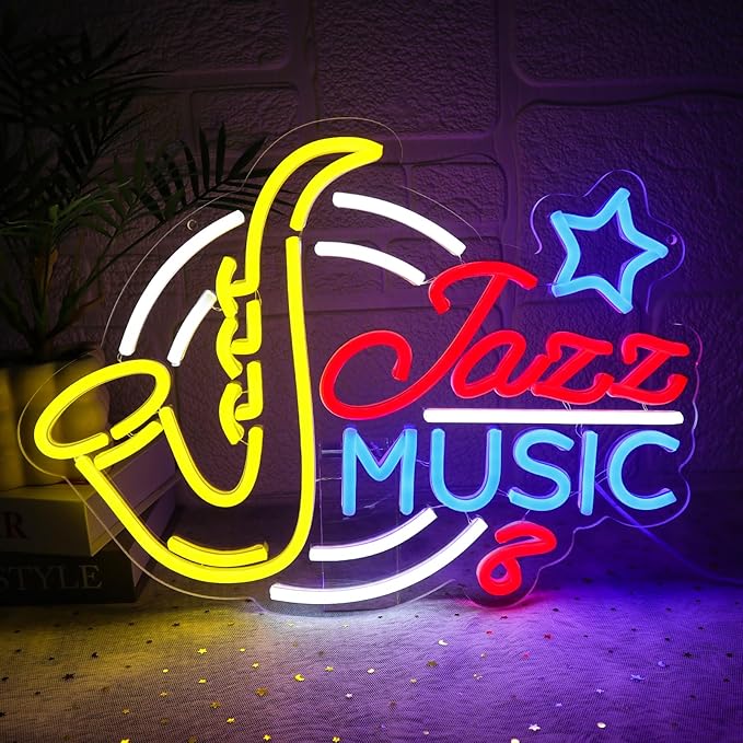 Jazz Music Neon Sign for Wall Decor Dimmable Saxophone Led Sign for Music Studio Vintage Jazz Neon Light for Recording Room Live Show Bar Man Cave Club Party Retro Home Decoration