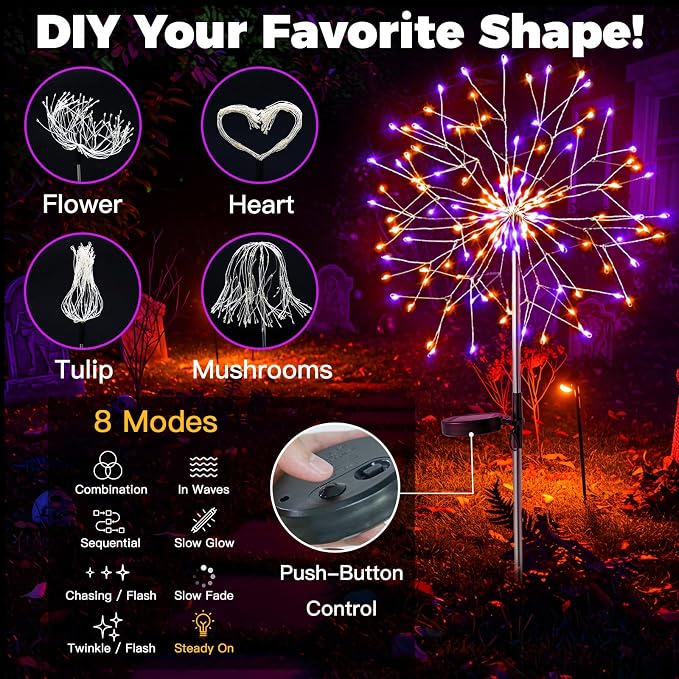 Solar Halloween Lights Outdoor Solar Powered, Upgrade 2-Pack Orange & Purple Solar Firework Lights, Waterproof Garden Light for Yard Pathway Patio Flowerbed Halloween Decorations