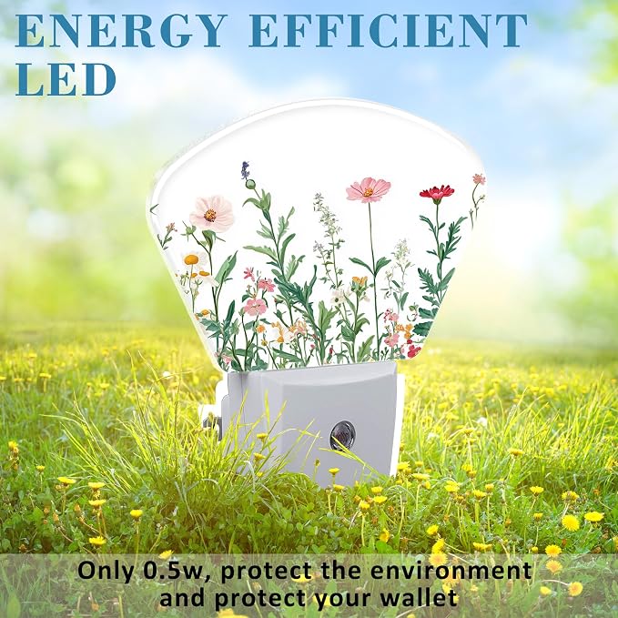 Watercolor Colorful Wildflowers Night Light Wildflowers Nightlight Plug into Wall with Dusk to Dawn Sensor for Kid Girls Boys Women Men Room, Hallway, Kitchen, Bathroom, Stairs Decor