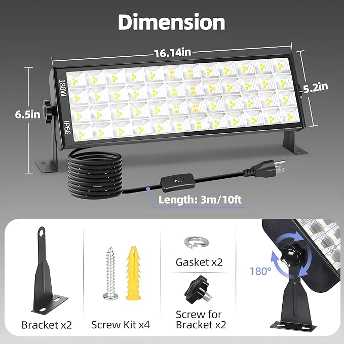 180W LED Shop Lights with 10FT Cord, Swtich, Aluminum 20000LM Ultra-Bright Garage Light, 5000K Daylight, IP66 Waterproof Bay Lighting for Garage, Workshop, Warehouse, Outdoor (1 Pack)