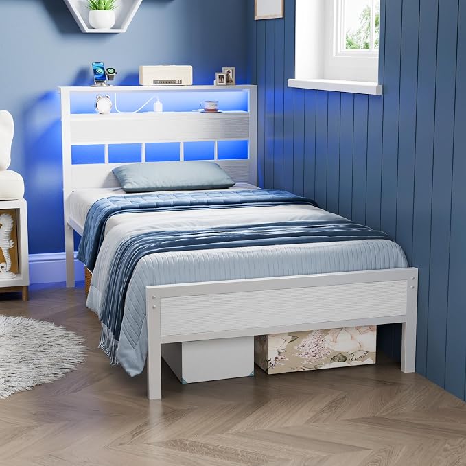Twin Bed Frames with Storage Headboard, Charger & RGB LED, White | 2-Tier Shelves, Sturdy Metal Slats, Noise-Free, No Box Spring. USB & Type-C Ports, 700lbs Capacity. 12.6" Under-Bed Storage.