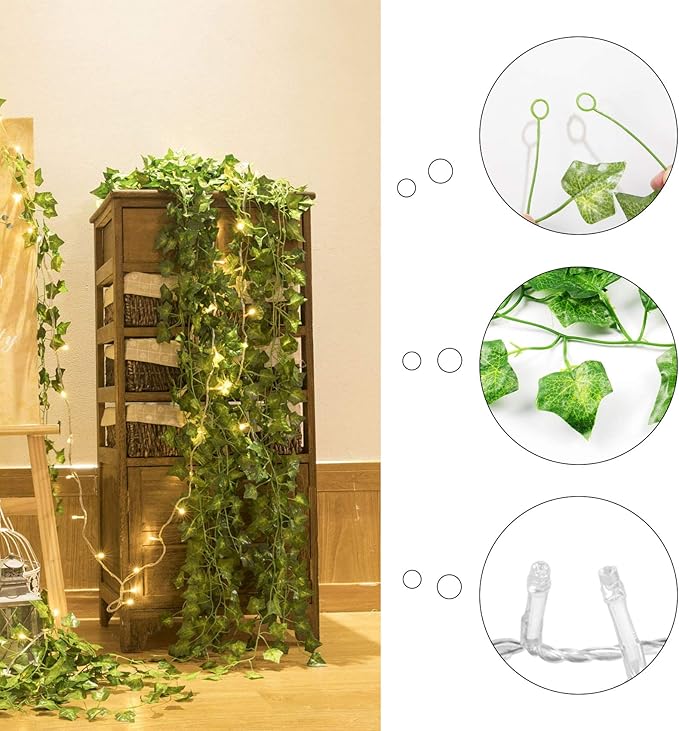 COOLUCK 84Ft 12 Pack Artificial Ivy Leaf Plants Vine with 80 LED String Light,Green Vines Garland, Hanging for Home Kitchen Office Wedding Wall Décor