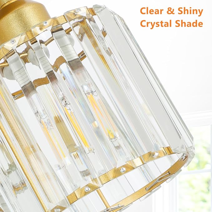 PAUFUL Modern Semi Flush Mount Ceiling Light,3-Light Golden Crystal Close to Ceiling Light Fixtures,Kitchen Light Fixtures with Clear Crystal Shade,Hallway Light Fixtures for Hallway Bedroom Bathroom
