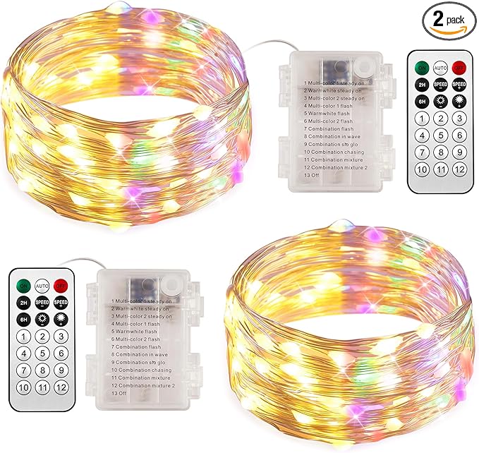 Ariceleo 2 Packs Warm White & Multi-Color Battery Operated String Lights, 5M/16.4ft. 50 LEDs Remote Control Timer 12 Modes Optional Twinkle Battery Powered Fairy Lights Sliver Wire Firefly Lights