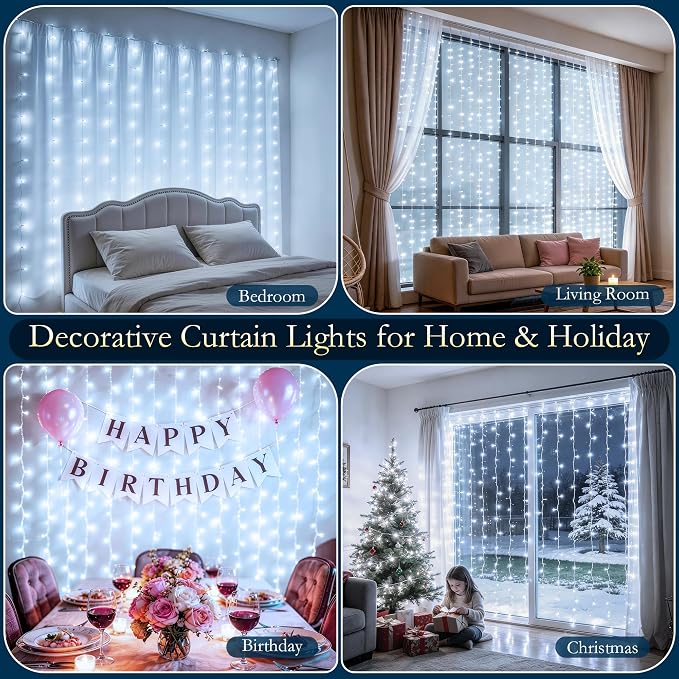 Curtain String Lights Indoor, 200LED 6.6 * 6.6FT USB Plug-in Window Curtain Lights with Timer and 8 Modes, Waterproof Cool White Curtain Fairy Lights for Bedroom Room Wedding Outdoor Decor
