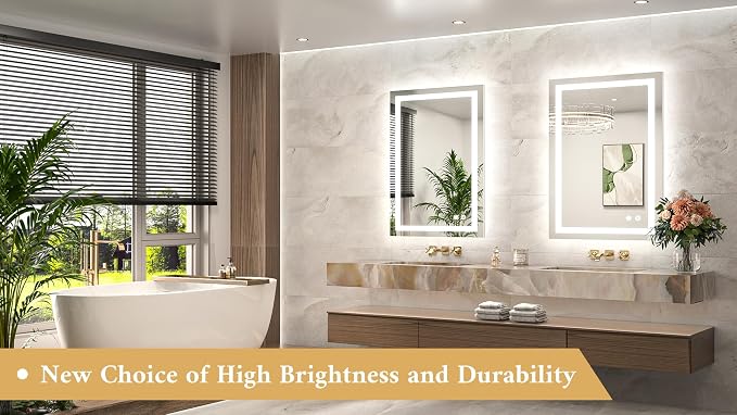 LED Bathroom Mirror 24 x 36 Brighter Light up Mirror with Lights, Front and Backlit Lighted Mirror for Bathroom 3-Color Dimmable Led Vanity Illuminated Anti Fog Wall Mirror, Tempered Glass