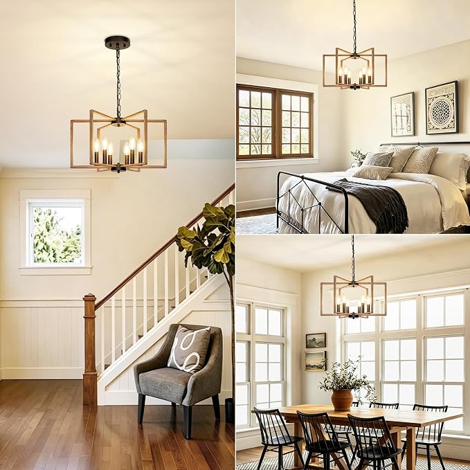 6 Light Rustic Chandelier, Dining Room Light Fixture, Brushed Rustic Wood | Metal Geometric Pendant Light with E12 base, Farmhouse Ceiling Hanging Light Fixture for Dining Room Kitchen Island Entryway
