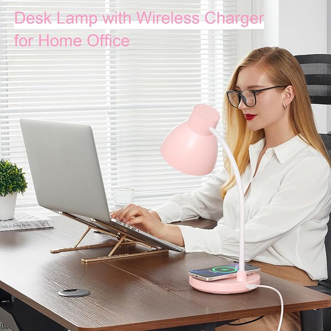 LED Desk Lamp for Home Office with Wireless Charger, Pink | 3 Color Modes Dimmable Eye-Caring Study Reading Dorm Desk Lamp, 360° Flexible Arm Table Lamp for College Dorm Room, 800 Lumen