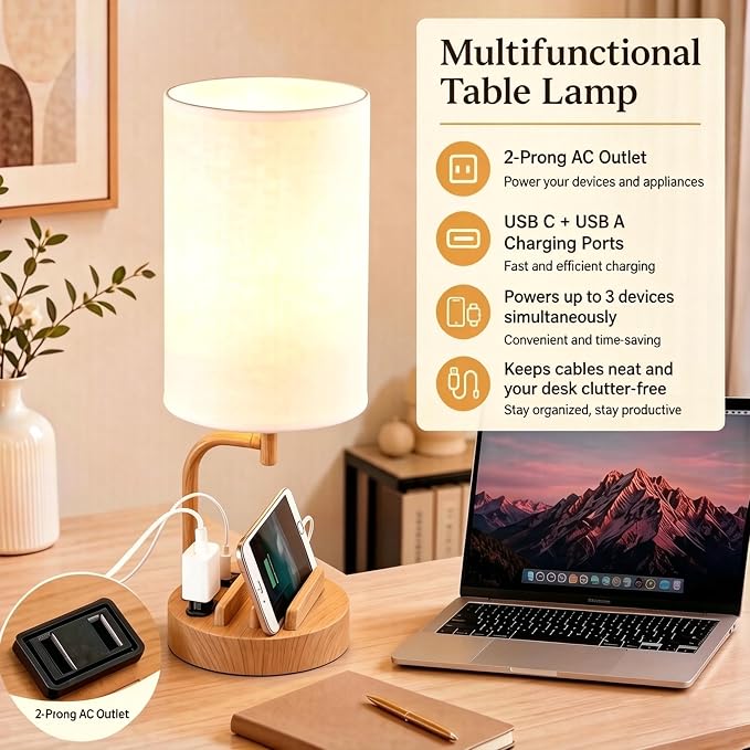 Dreamholder Touch Control USB Table Lamp with USB C/A & AC Outlet, 3-Way Dimmable Bedside Lamp, Modern Nightstand Lamps for Bedroom Living Room Guest Room Office, Bulb Included, Woodgrain