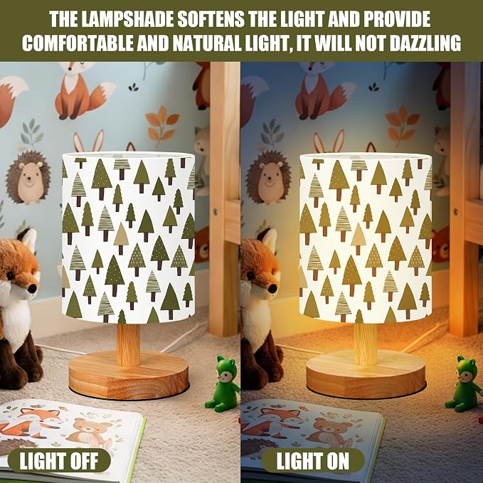 Woodland Kids Table Lamp for Bedroom Kids Bedside Lamp with Linen Wooden Nightstand Cartoon Nursery Lampshade for Girls Boys Living Room