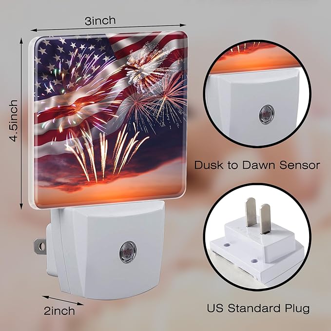 America Flag with Fireworks Night Light Plug into Wall,Retro The USA Flag Patriotic Dusk to Dawn Night Light,0.5w Energy Saving Sleep Friendly Nightlights for Kids Boys Girls Home