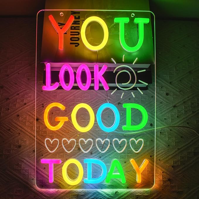 You Look Good Today Neon Sign for Wall Decor, Colorful Led Neon Light for Bathroom Bedroom Decor, Dimmable Mood Lighting for Office Cloakroom Party Kids Room Bar, 5V USB