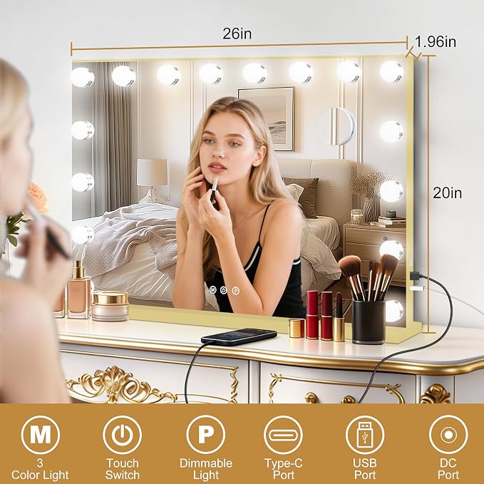 Moonee Vanity Mirror with Lights, Gold Hollywood Lighted Makeup Mirror with 17 Dimmable Bulbs and 10X Magnification, 3 Colors Modes, Aluminum Metal Frame, Light Up Mirror for Tabletop/Wall（26" x 20"）