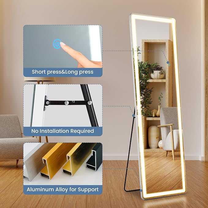DUMOS 16" x 60" LED Full Length Mirror with Lights, Lighted Floor Full Body Mirrors with 3 Color Lighting, Wall Mounted Stand Mirror for Bedroom, Dressing Room, Living Room, Bathroom