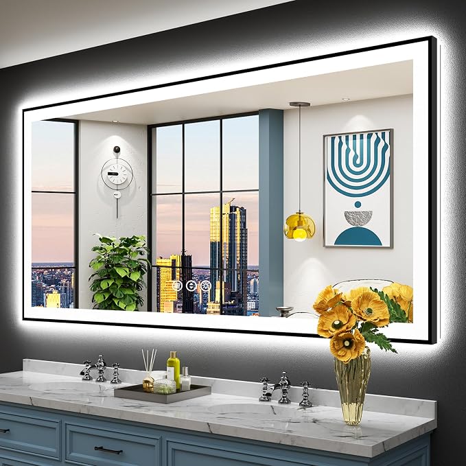 72x36 Black LED Bathroom Mirror, Backlit & Front Lit Lighted Mirror | Metal Framed Anti-Fog Vanity Mirror with Lights, 3 Color Dimmable, Memory, HD Tempered Glass, CRI95, UL Listed, Wall Mounted