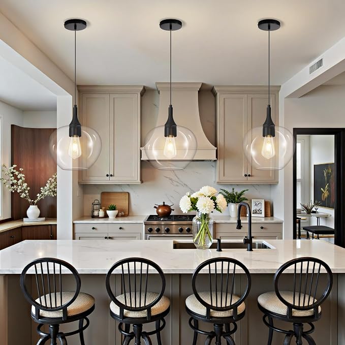9.45in Black Pendant Lights Kitchen Island with Clear Glass Shade 1Pack | Handcrafted Glass Pendant Light Fixtures, UL Certified, E26 Base 100W Max, Height-Adjustable, Dimmable Hanging Pendant Light