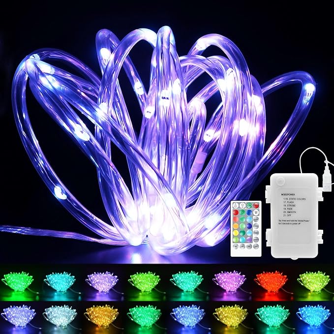 echosari 53Ft Rope Lights Outdoor Battery Operated, 160 LED Rope String Lights Colors Changing with Remote Timer Waterproof Rope Lights for Patio Garden Camping Decoration