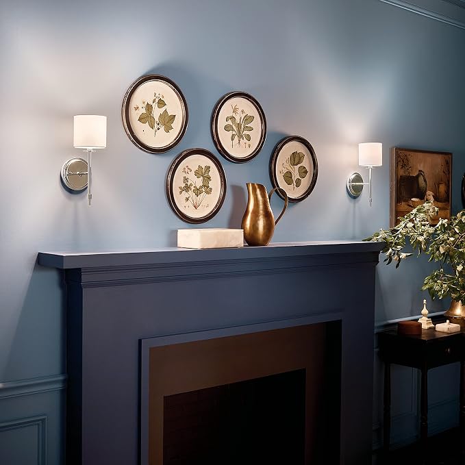 Kichler Ali 1 Light Wall Sconce in Polished Nickel with White Fabric Shade for use in Bathrooms, Bedrooms, Kitchens, Dining Rooms and Hallways, 52505PN