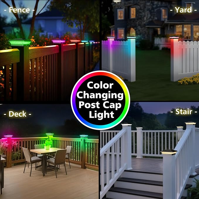 T-SUN Solar Post Cap Lights with Auto-Change Colors- for Vinyl/Wooden Posts IP65 Weatherproof Outdoor Solar Fence Post Lights for Deck, Porch, Garden & Stairs(12-Pack,RGB)