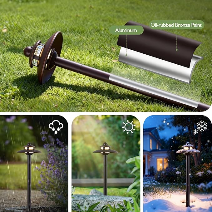 LITFIT Low Voltage Landscape Lighting, 3CCT (2700K/3000K/4000K) 12V 3.87W 83lm Pathway Lights, Oil Rubbed Bronze Die-Cast Aluminum Hardwired Walkway Light with Connectors for Garden Yard, 4 Pack