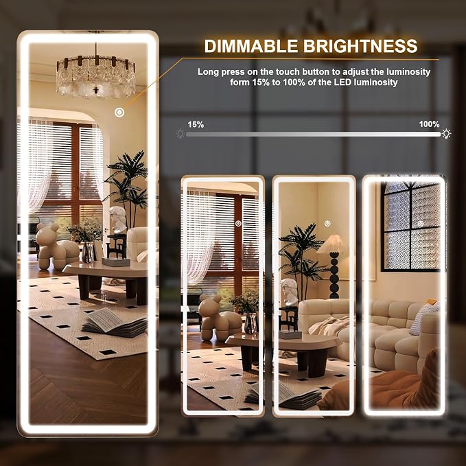 Easly Full Length Mirror - 16" x 60" Mirror Full Length with LED Lights Adjustable Screen Brightness, Wall Mounted or Freestanding, Full Body Mirrors for Bedroom, Living Room, Cloakroom,Salon