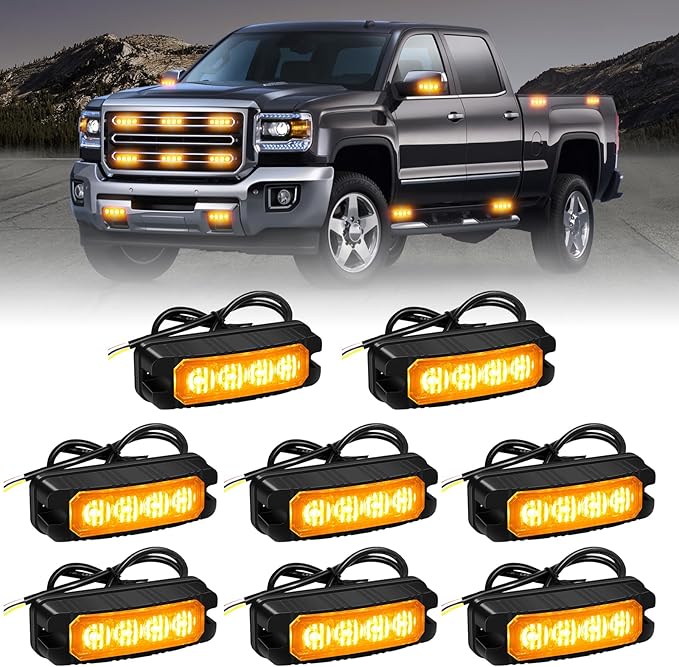 XRIDONSEN 8PCS Sync Grill Strobe Lights 32 LED Amber Strobe Lights Grille Surface Mount Emergency Flashing Warning Hazard Caution Safety Light for Tow Plow Trucks Construction Vehicles Car Wreckers