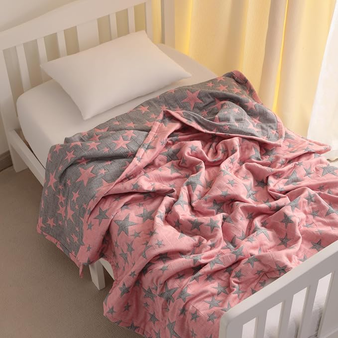NTBAY 3 Layer Muslin Toddler Blanket, 30 x 40, Red and Black Star | Breathable Muslin Cotton Outer Layers with Light Thermal Fill, Reversible for Stroller, Daycare, Travel, and Supervised Use