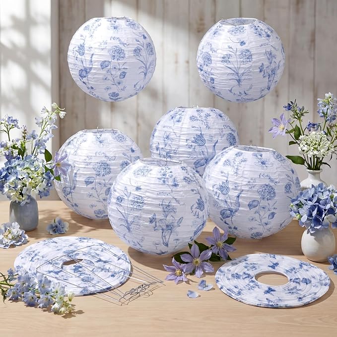 Honoson 12 Pcs Floral Paper Lanterns Blue Tea Party Decorations Flower Wildflower Spring Birthday Party Decoration 10 Inch Hanging Round Paper Lanterns for Wedding Bridal Shower Baby Shower Decor