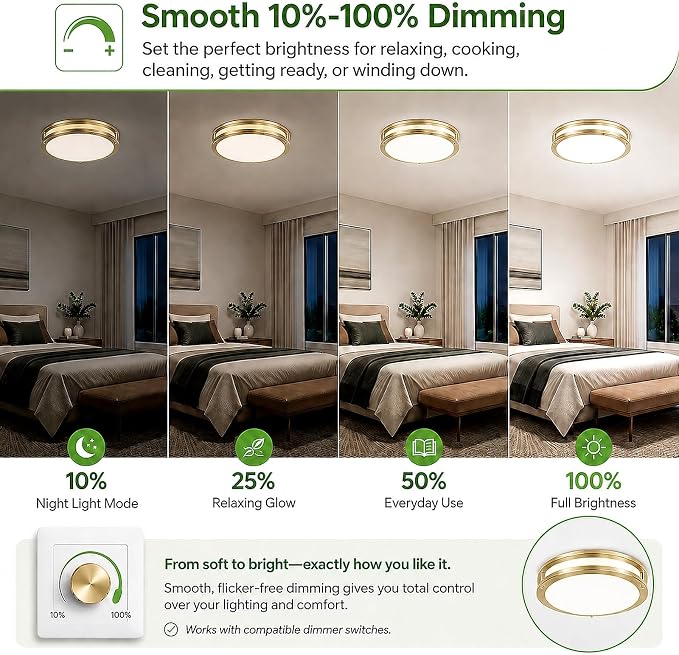 12 inch 36W Flush Mount LED Ceiling Light Fixture 3600 Lumen Super Bright, 2700K/3000K/4000K/5000K/6500K Adjustable Ceiling Lights, Gold Saturn Dimmable Lighting for Hallway Bathroom Kitchen 1 Pack