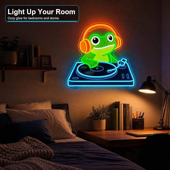 Frog DJ Neon Sign, Music Neon Signs for Wall Decor, Cute LED Light Up Sign for Bedroom, Game Room, Man Cave, Bar, Studio and Party Decor, USB Powered Dimmable Funny Wall Art Gift for DJ Music Lovers