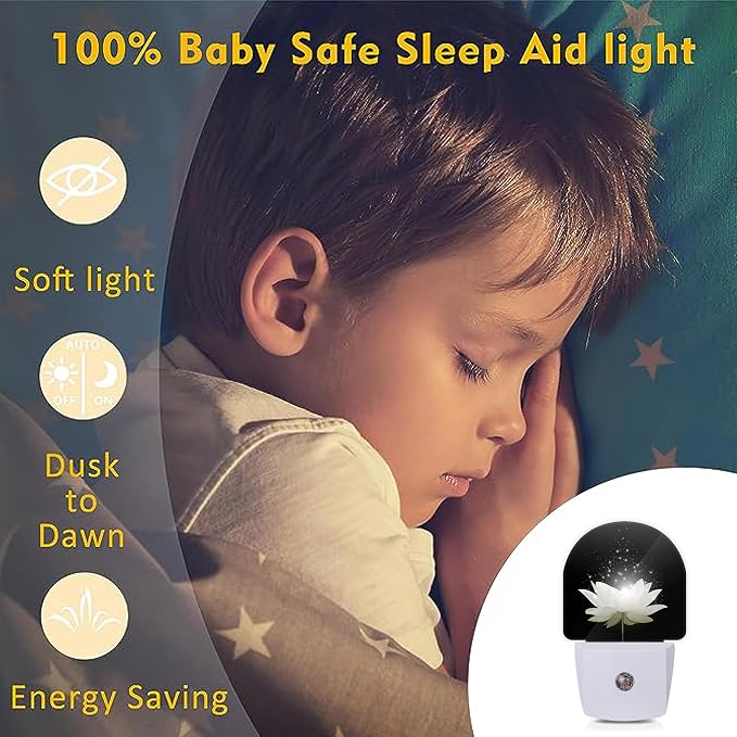 Magic White Lotus Flower Night Lights Plug into Wall for Girls Boys Room,Night Light LED Lamp Dusk to Dawn Sensor Round Lamp for Bedroom Bathroom Hallway Home Wall Decor