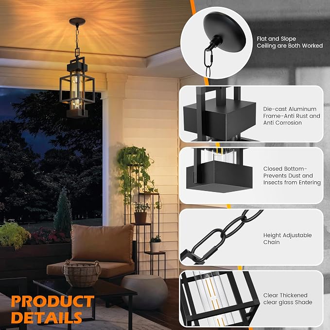Hotsonic 15'' Outdoor Indoor Pendant Light Exterior Hanging Lantern, Modern Metal Outside Chandelier Light Fixture Black Ceiling Mount with Water Glass for Front Porch Entrance Foyer Entryway