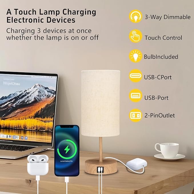 Bedside Table Lamp for Bedroom - 3 Way Dimmable Touch Lamp USB C Charging Ports and AC Outlet, Wood Base Round Flaxen Fabric Shade for Living Room, Desk,E26 Bulb Included