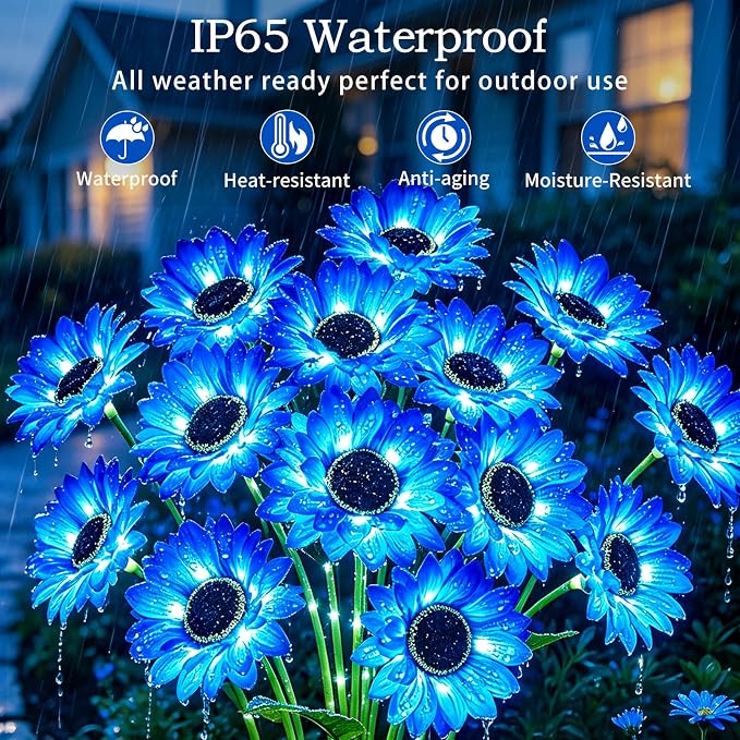 MRHEPHAESTUS Solar Garden Lights Outdoor, 6 Pack Solar Blue Sunflower Lights with 18 Head 3.5 Inch Flowers, Waterproof Flowers Light Fall Decor Auto ON/Off for Garden Yard Patio, Gifts for Mom Women