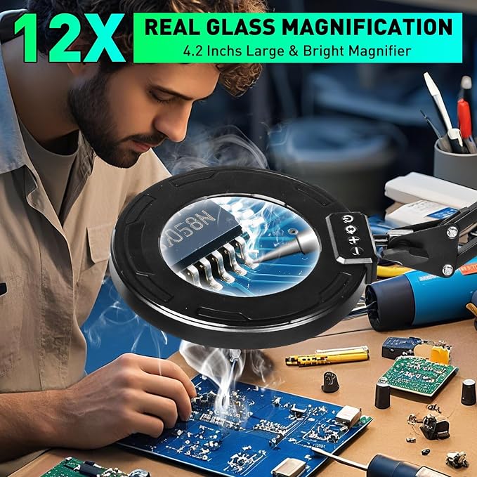 12X Magnifying Glass with Light and Stand, Soldering Helping Hands | 3-Section Swing Arm Workbench Lighted Magnifier, 5 Color Stepless Dimming, LED Desk Lamp with Clamp for Craft Repair Reading