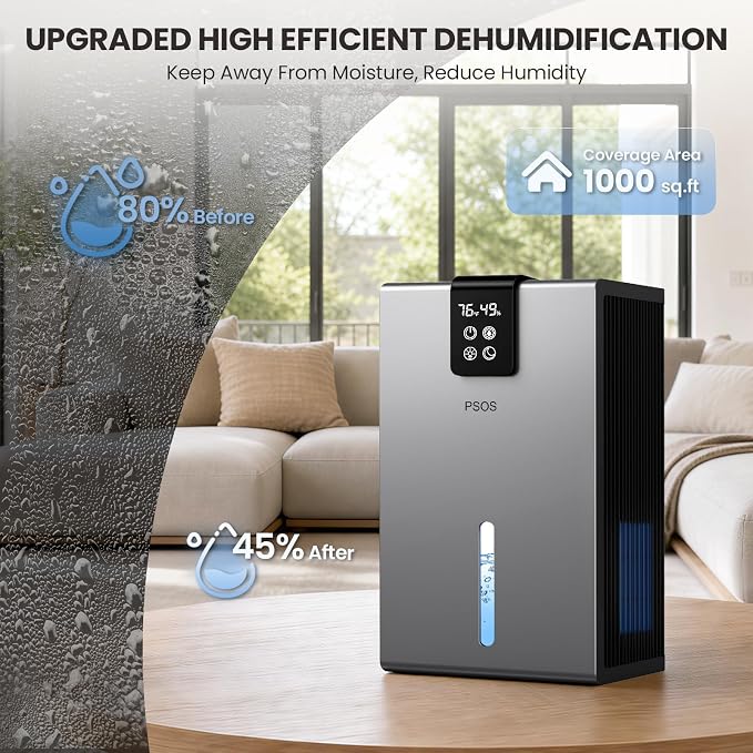 Dehumidifier, Dehumidifiers for Home, 98 OZ Water Tank, (1000 sq.ft) Quiet Dehumidifier for Basement Bathroom Bedroom with Humidity Display, Auto Shut Off, Relaxing 7 Color Ambient Light(Gray)