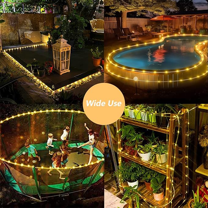 QITONG Warm White Solar Rope Lights, 2 Pack Each 33ft 100 LED String Light Outdoor, 8 Modes Fairy Lights in Clear Thin Tube