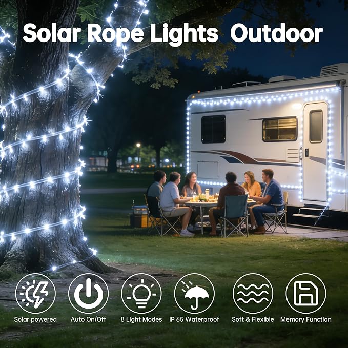 Solar Rope Lights for Outside, 33ft 100 LED Solar String Lights with 8 Modes, Waterproof Solar Outdoor Light for Patio Garden Party Tree Porch Pool Fence Outdoor Holiday Xmas Decor -White