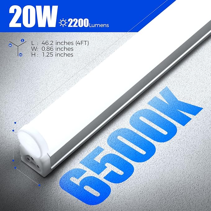 Barrina T5 LED Shop Lights, 4FT, 2200lm, 6500K (Super Bright White), 20W, Utility Garage Lighting, Ceiling and Under Cabinet Light, Corded Electric with ON/Off Switch, 2 Packs