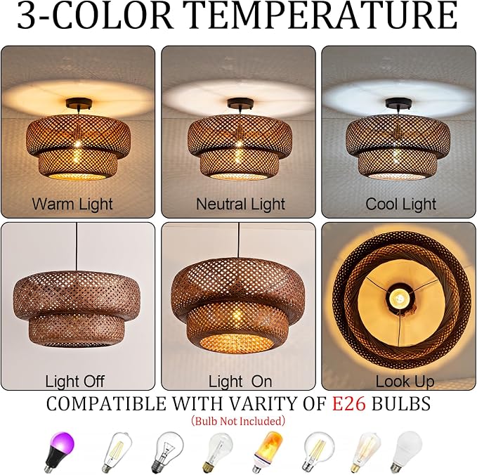 TeruTeru Ji Kaikang Bamboo Pendant Light,17.7" Brown Rattan Hanging Light | Boho Curry Bamboo Rattan Pendant Lights,Hand Woven Rattan Chandelier for Kitchen Island Dining Bedroom Living Room