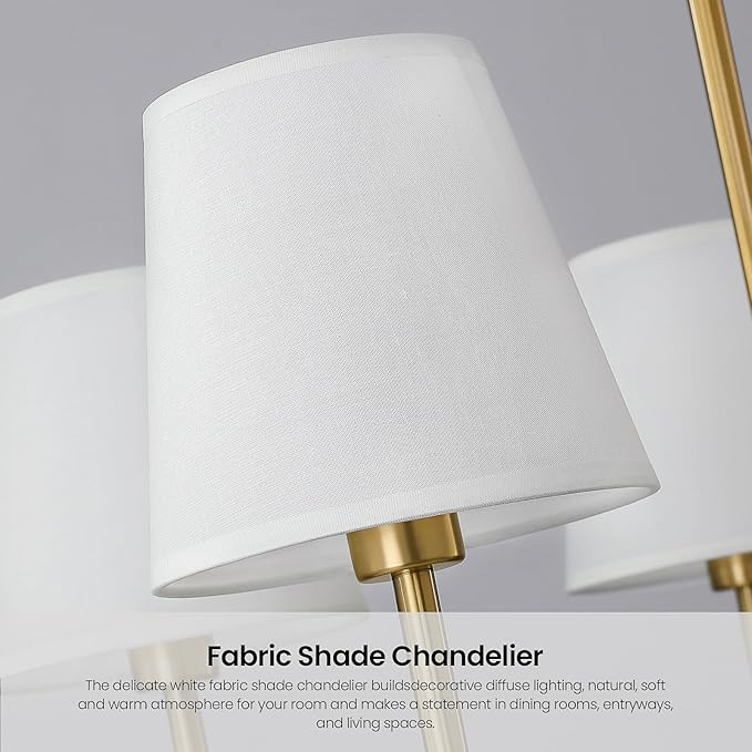 Dining Room Chandeliers Light - 8-Light Gold Modern Chandelier with Fabric Shade, Height Adjustable Mid Century Ceiling Lighting Fixture for Bedroom Kitchen Entryway Foyer
