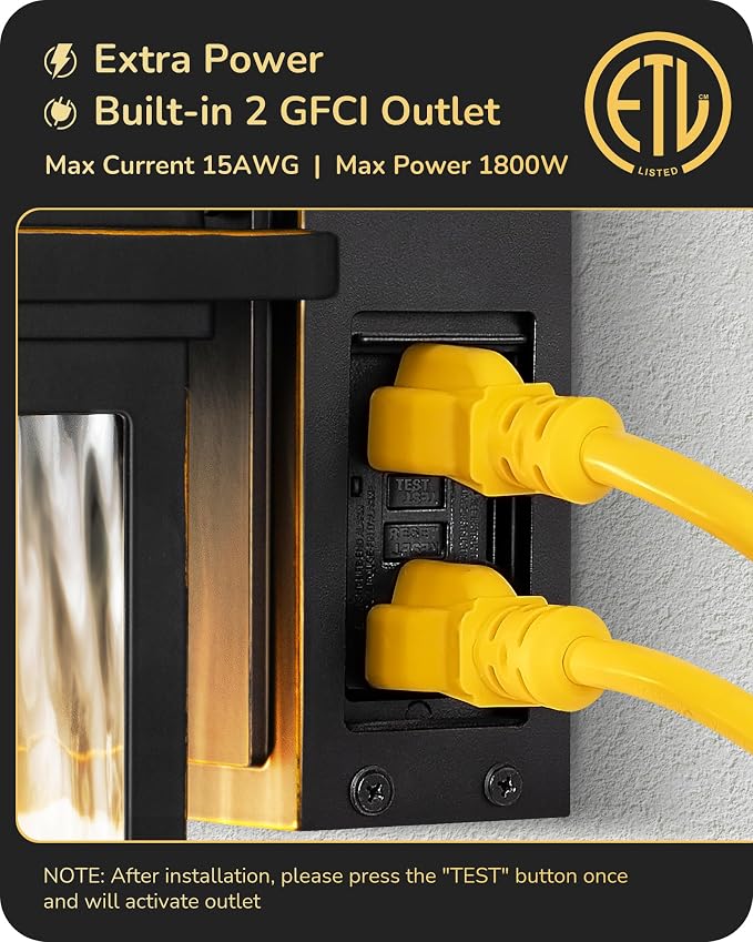 EDISHINE Outdoor Wall Lights with GFCI Outlet, Motion Sensor Dusk to Dawn | Water Ripple Glass, 3 Modes, E26 Base, 140° Angle & 33FT Range, Waterproof Wall Sconce for Porch Front Door Garage Patio