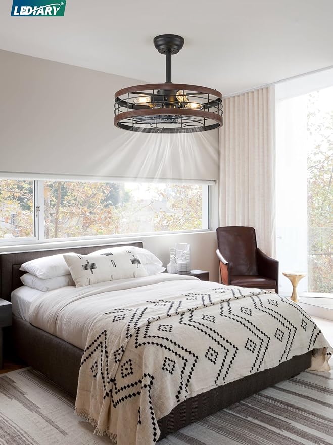 LEDIARY 20 inch Fandelier Caged Ceiling Fan with Light and Remote, Walnut | 6 Speed Adjustable,Timing, Quiet & Powerful DC, Small, Farmhouse, Industrial, Enclosed, Bladeless, Bedroom, Kitchen, Downrod
