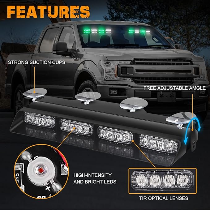 XRIDONSEN Green White Emergency Dash Strobe Lights Safety Flashing Warning Interior Front/Rear Windshield Deck Split Lights w/Digital Display Controller for Construction Vehicles Trucks (2x14 inch)