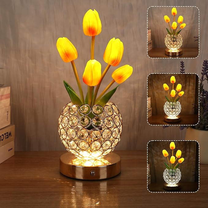 Birthday Gifts for Women Mothers Day Gifts/for Mom Tulip Table Lamp | 3 Color Crystal Flower Bedside Lamps Infinitely Dimming with USB Charge Small Night Light,Night stand Touch Lamp(gold-tulip)