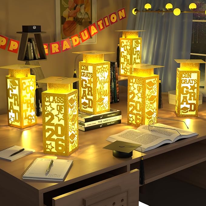 6 Pcs Graduation Table Centerpieces Boxes Class of 2026, Golden Graduation Paper Lanterns Boxes with String Lights Hollow Out for Congrats Grad School College Table Decorations Grad Party Photo Props