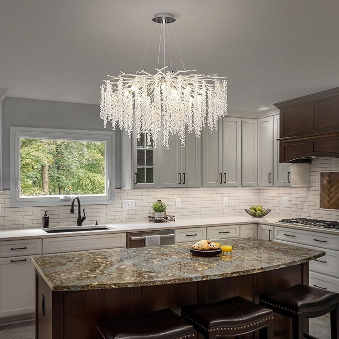 Crystal Tree Branches Chandeliers Luxury Round Raindrop Pendant Light Fixture Ceiling Hanging Light for Dining Room Bedroom Living Room Entryway D31.5“ Silver