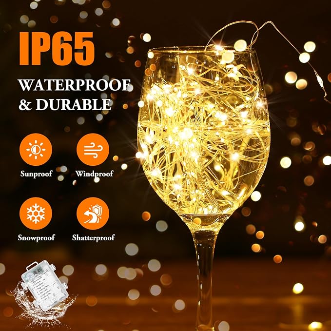 2 Pack 33FT 100 LED Fairy Lights Battery Operated with Timer & Remote, Waterproof Twinkle Lights Indoor Outdoor, 8 Modes Fairy String Lights for Bedroom Classroom DIY Wedding Decorations,Warm White